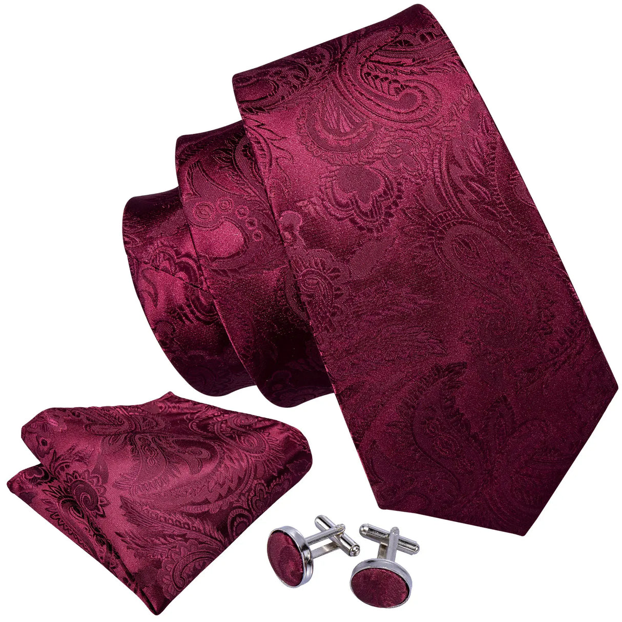 Barry.Wang Red Maroon Burgundy Rose Silk Men's Tie Pocket Square Cufflinks Set Jacquard Necktie for Male Wedding Business Party