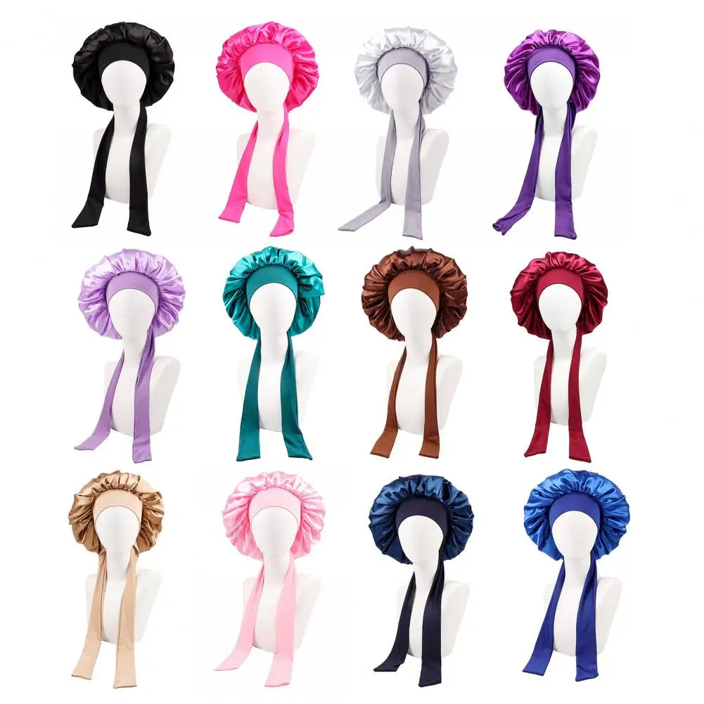 Women Shower Cap Sleeping Satin Bonnet Lace-up Bow Waterproof Women Braids Curly Night Hat Beauty Parlor Cap Salon Hat