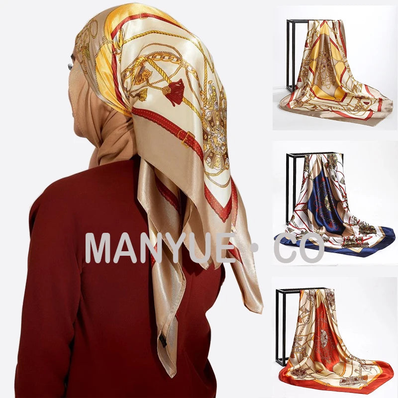 Square Silk Scarves Women 90*90cm Satin Hijab Scarf Muslim Female Chiffon Shawls And Wrap Hair Head Scarves Pareo Bandanna