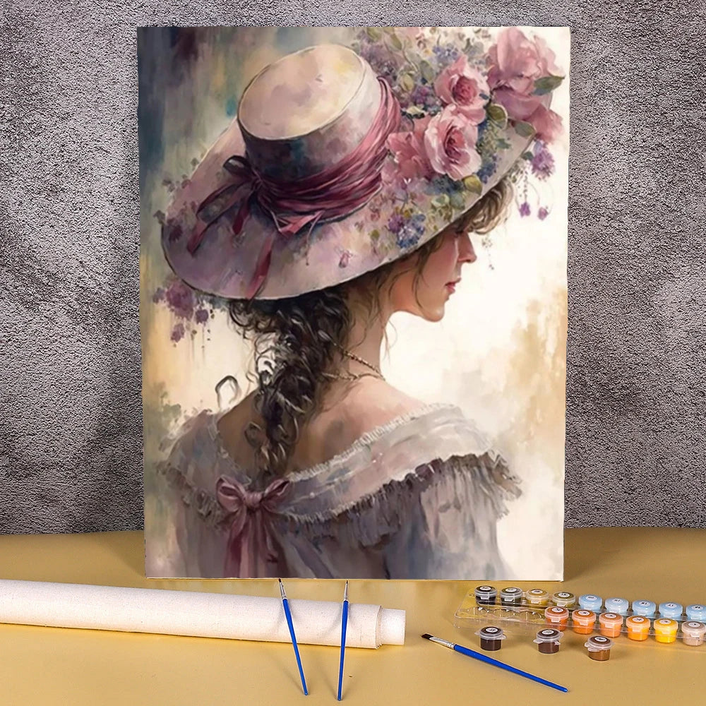 Paint By Numbers Kit For Adults Beginner On Canvas, DIY Acrylic Painting Package For Kids, Flowers Hat Women Picture, Frameless