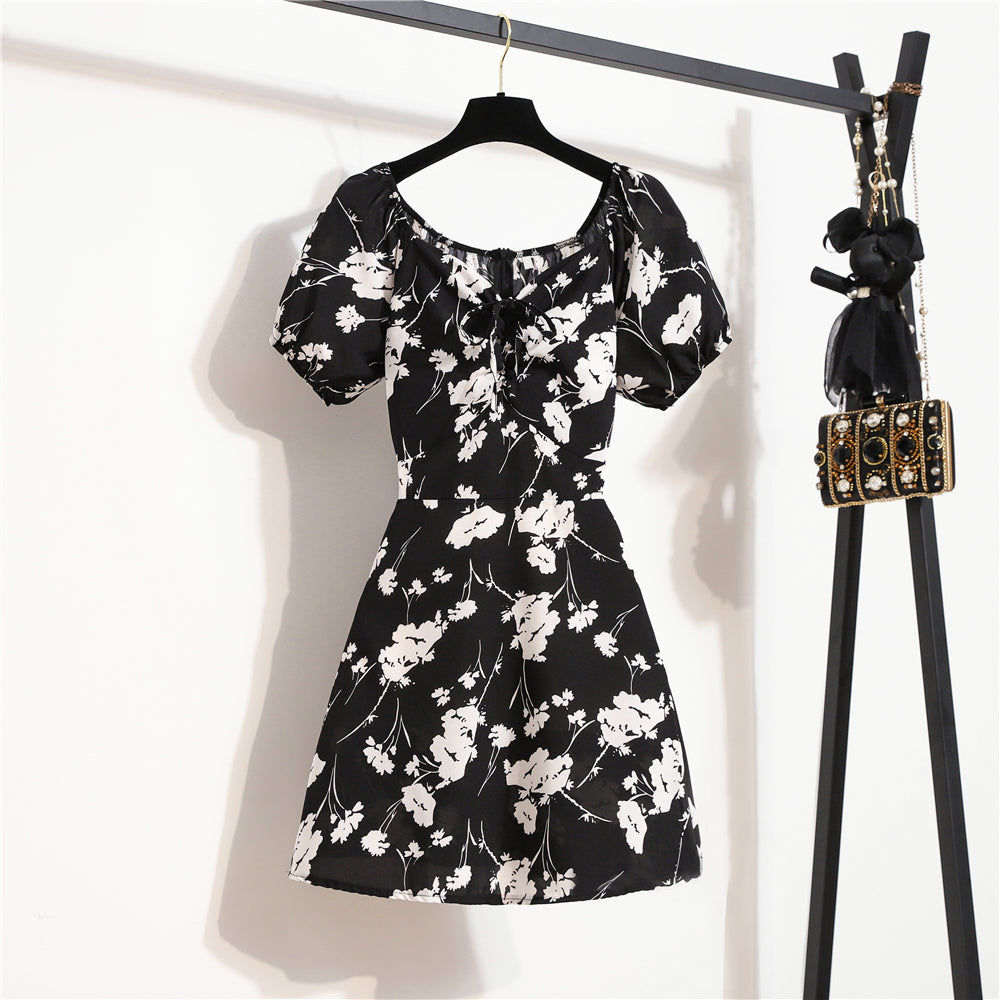 Mini robes d'été pour femmes, mode féminine, imprimé floral, en mousseline de soie, froncée, manches courtes bouffantes, robe décontractée