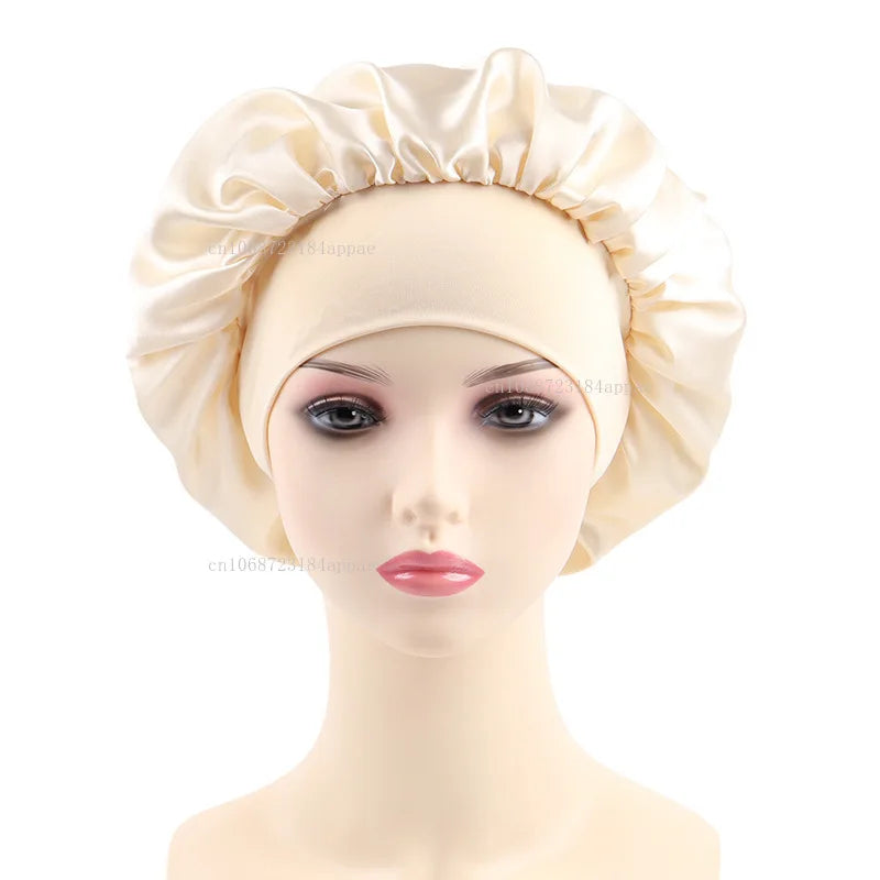 Women's Satin Solid Elastic Wide-brimmed Sleeping Hat Unisex Head Wrap Elastic Band Cap Hair Care Bonnet Night Hat bonnet