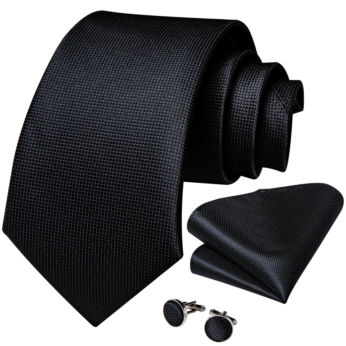 Black Men's Solid Ties 8cm Wide Polyester Business Formal Wedding Party Necktie Pocket Square Cufflinks Gift for Husband