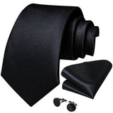 Black Men's Solid Ties 8cm Wide Polyester Business Formal Wedding Party Necktie Pocket Square Cufflinks Gift for Husband