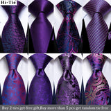 Hi-Tie Designer Purple Solid Paisley Silk Wedding Tie For Men Quality Hanky Cufflink Men Gift Necktie Set Fashion Dropshipping