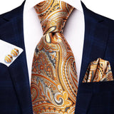 Hi-Tie Men's Tie Set Gold Paisley 100% Silk 8.5cm Wedding Ties For Men New Fashion Design Hanky Cufflinks Set Quality Necktie