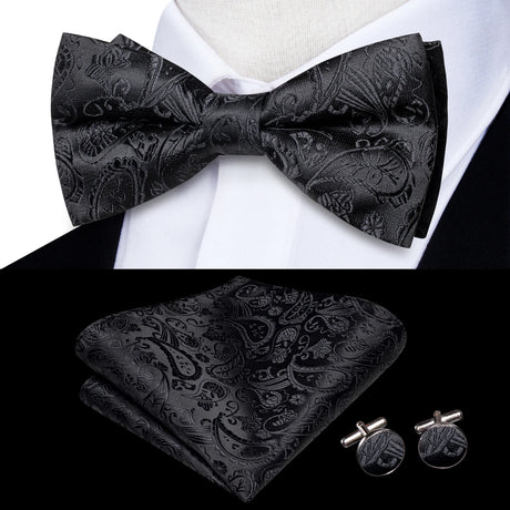 Hi-Tie Black White Silver Grey Brown Silk Mens Bow Tie Hankerchief Cufflinks Set Pre-tied Butterfly Knot Adjustable Bowtie Male