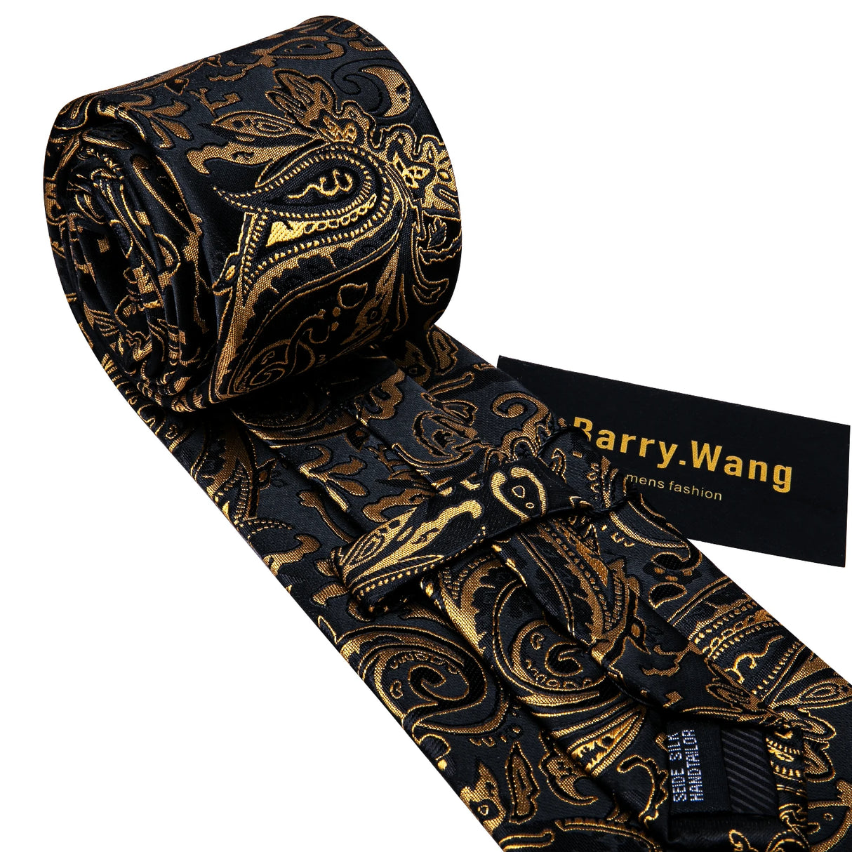 Barry.Wang Gold Black Jacquard Silk Mens Tie Hanky Cufflink Brooch Set Floral Paisley Necktie Pin For Male Wedding Business Gift