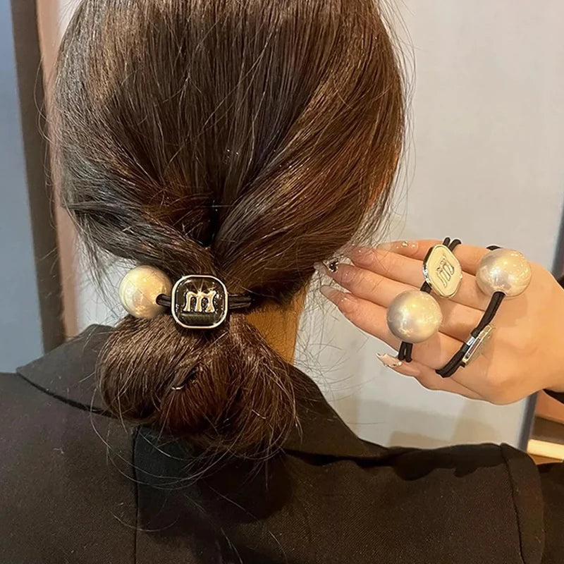 Fashion Pearl High Elastics Hair Ties for Women Girl Letter M Exquisite Hair Rope Non-slip Ponytail Hair Rubber Band Accessories