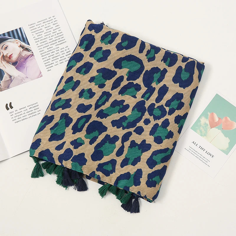 Fashion Printed Leopard Scarf Female Spring Muslim Women Hijab Scarves Tassel Large Size Headband Handkerchief Women's Bandana