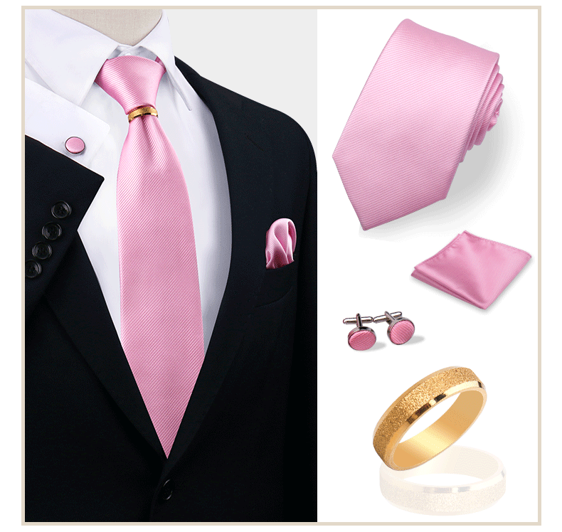 Luxury Solid Silk Ties Set For Men Necktie Handkerchief Cufflinks With Gold Metal Ring Brooch Suit Wedding Party Men Accessories