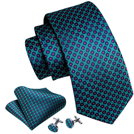 Novelty Teal Dots Tie For Men Fashion Trend Neck-Tie Woven Pocket Square Cufflinks Set Party Business Designer Barry.Wang FA-635