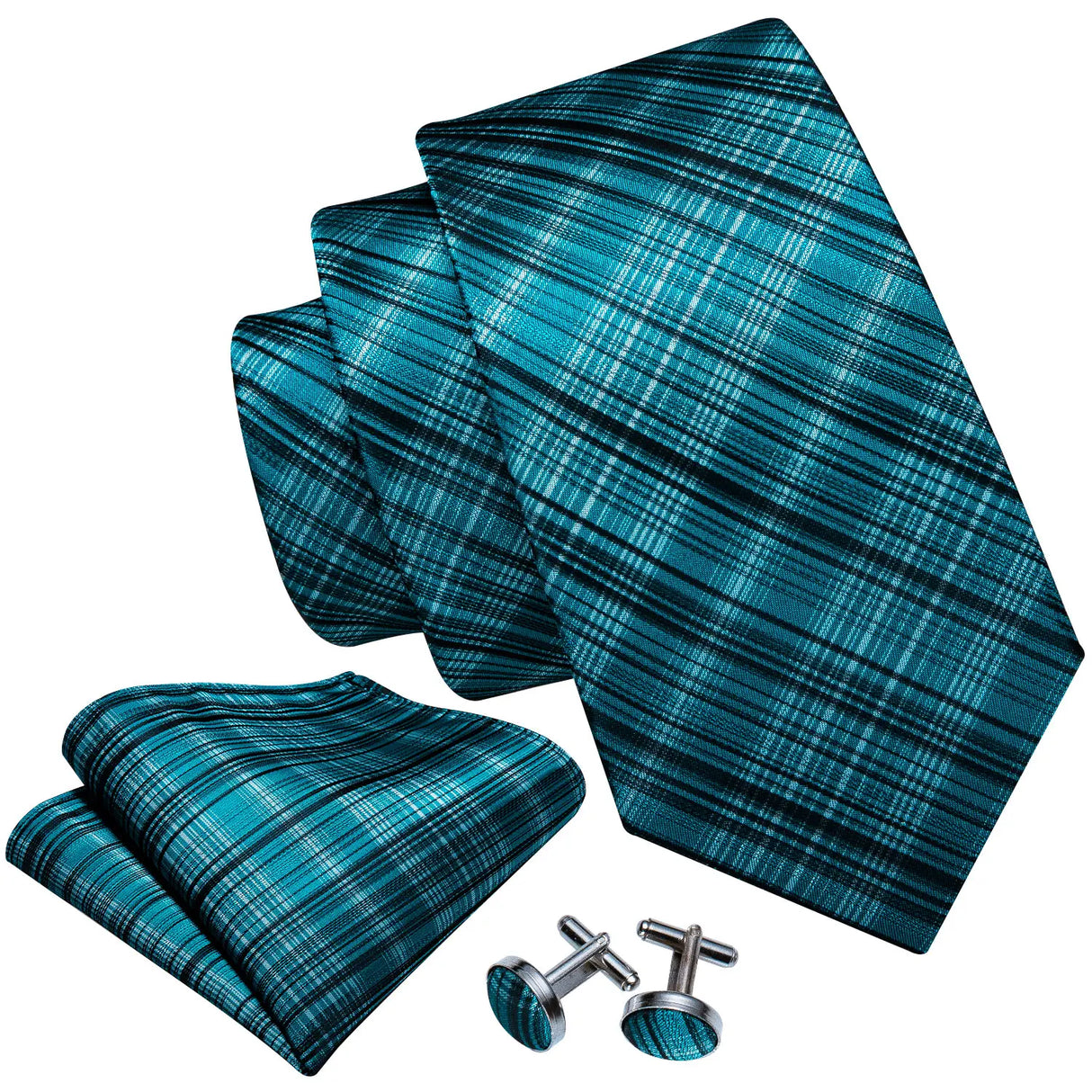 Barry.Wang Plaid Silk Men Tie Handkerchief Cufflinks Set Designer Jacquard Checked Necktie for Male Wedding Team Groomsman Corp