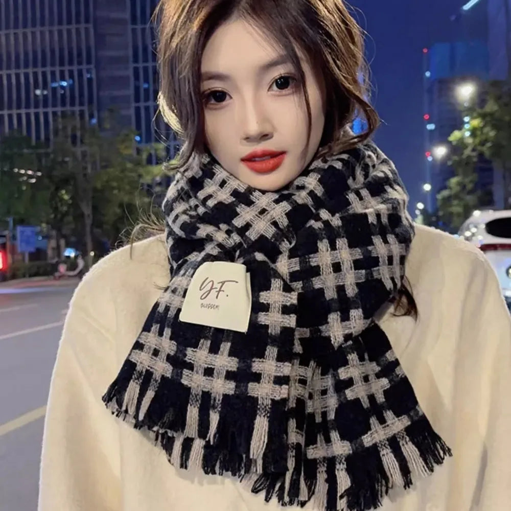 Artificial Wool Imitation Cashmere Shawl Warm Knitting Tassel Plaid Design Scarf Thicken Warm Neckerchief