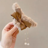 New Fashion Bow Tassel Pendant Hair Clips Korea Ponytail Plush Shark Claw Girls Fall and Winter Gift Hair Accessories
