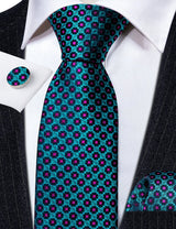 Novelty Teal Dots Tie For Men Fashion Trend Neck-Tie Woven Pocket Square Cufflinks Set Party Business Designer Barry.Wang FA-635