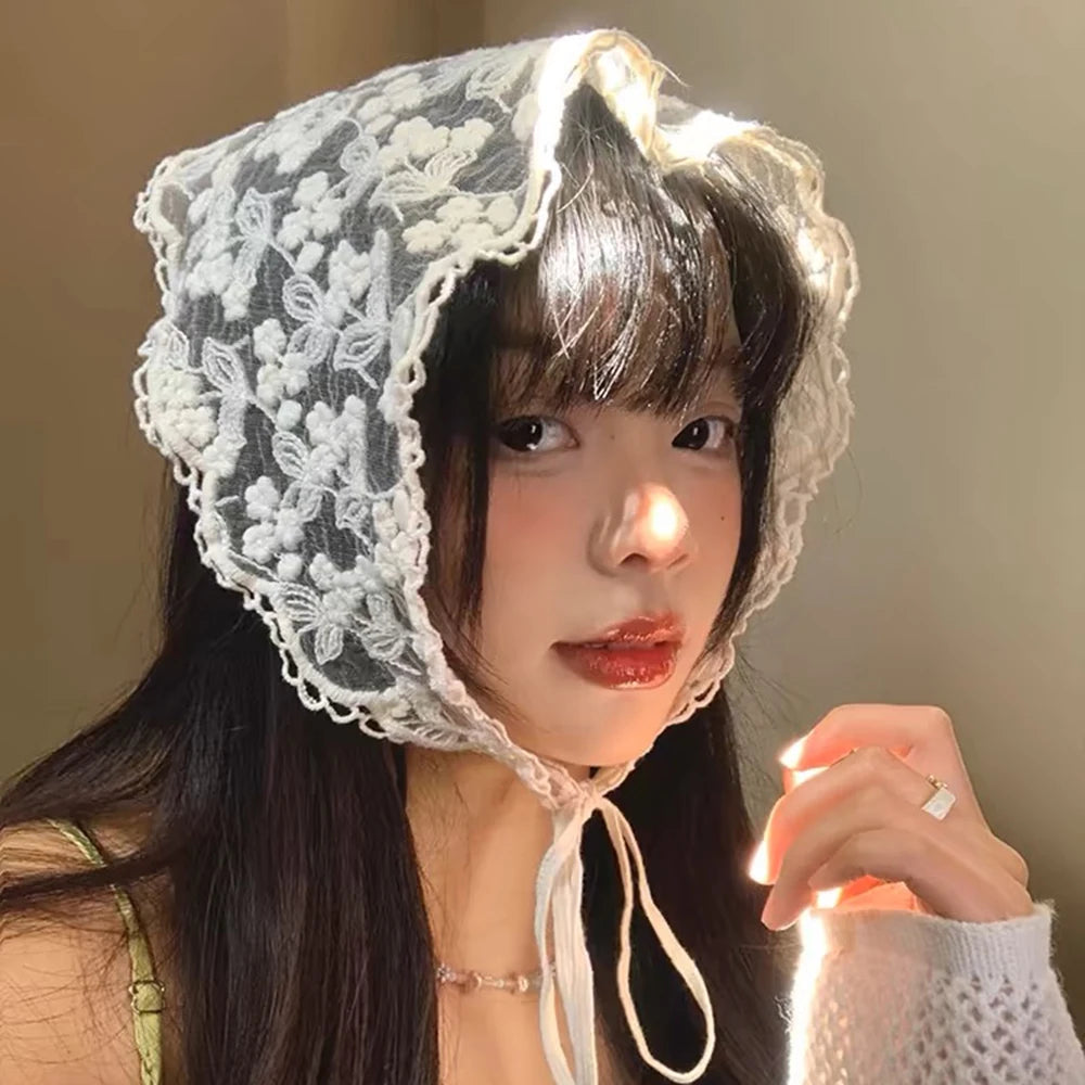 White Lace Bandana Floral Summer Woven Headbands Hair Band Women Outgoing Travel Retro Hair Accessories Headwear Turban Scarf