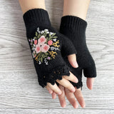 New Women Warm Autumn Winter Hand Made Crocheted Embroidered Floral Half-finger Knitted Gloves Girls Fingerless Gloves