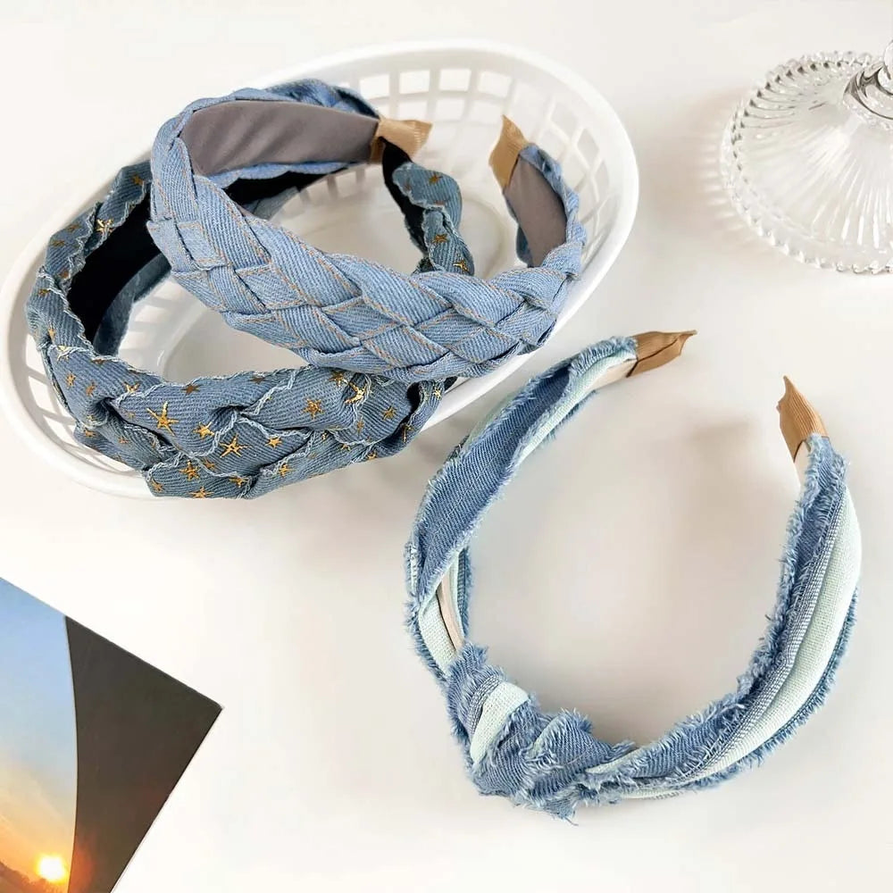 Women Denim Cloth Knotted Headbands Hairbands Headdress INS Fashion Cool Cowboy Wide Head Bands Hair Hoops