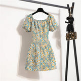 Mini robes d'été pour femmes, mode féminine, imprimé floral, en mousseline de soie, froncée, manches courtes bouffantes, robe décontractée