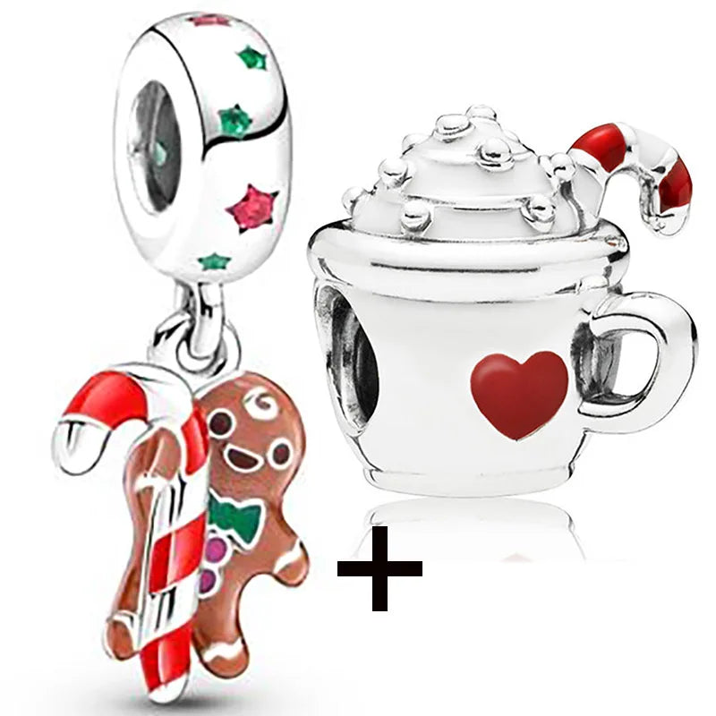 Buipoey 2pcs/lot Christmas Red Cane Gingerbread Man Charm Snowman Santa Beaded Sock Pendant DIY Beacelets jewelry Accessory Gift