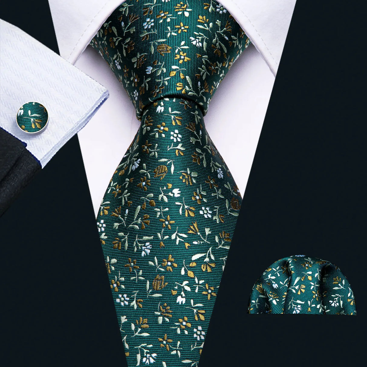 Luxury Silk Mens Ties Set Black Green Leaves Floral Neck Tie Handkerchief Cufflinks Set Wedding Business Party Barry·Wang 5938