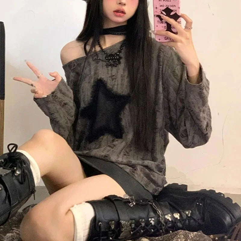 Y2K Hole Star Print T-Shirt Women Fashion Streetwear Off Shoulder Tops Summer Oversized Kpop Long Sleeve Loose Tees Ladies New