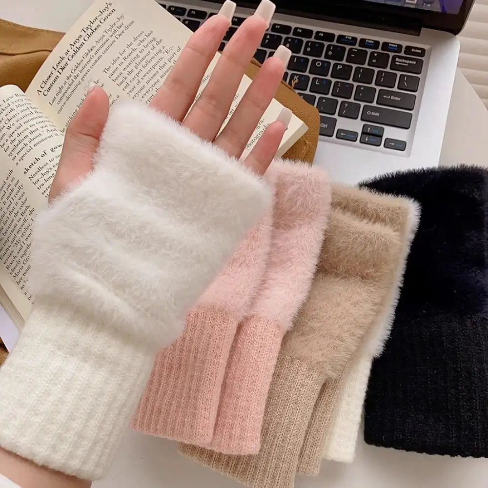 Mink Fleece Winter Half Finger Gloves Women Warm Luxury Solid White Plush Knitted Fingerless Gloves Writting Soft Wrist Mittens