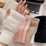 Mink Fleece Winter Half Finger Gloves Women Warm Luxury Solid White Plush Knitted Fingerless Gloves Writting Soft Wrist Mittens