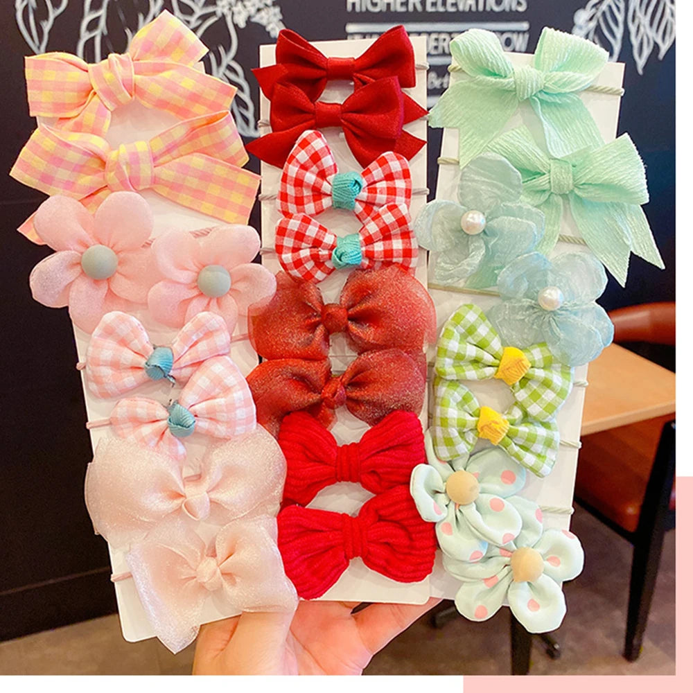 10pcs/set Flower Bowknot Elastics Hair Ties for Girl Children Cute Rubber Bands DIY Colorful Hair Bands Hair Accessories