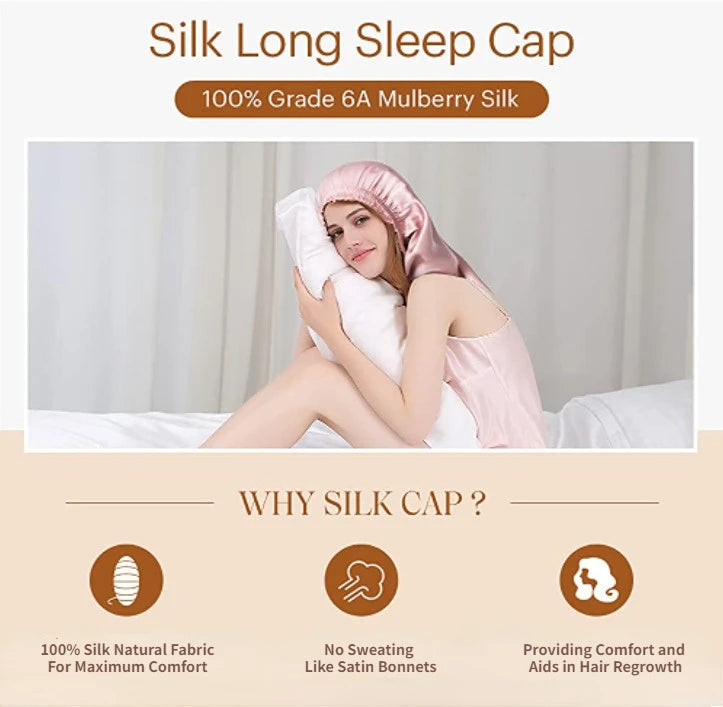 Natural Silk Long Turban Thick Hair Bonnet Night Cap Turban For Sleeping Curly Hair Silk Bonnet For Sleep Elastic Silk Hair Wrap