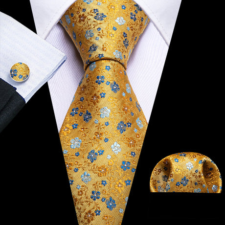 Barry.Wang Flower Silk Men Tie Hankerchief Cufflink Set Plum Blossom Rose Spiraea Necktie Cravat for Male Wedding Party Business