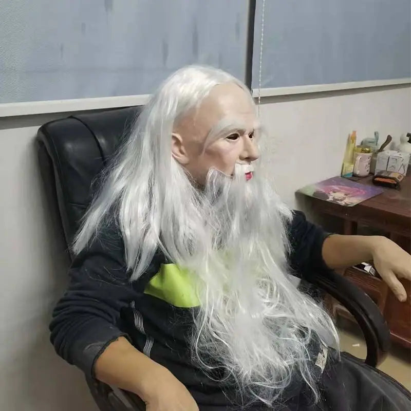 Funny White Hair Wizard Mask White Beard Grandpa Head Cover Santa Latex Role Play Props Halloween Props