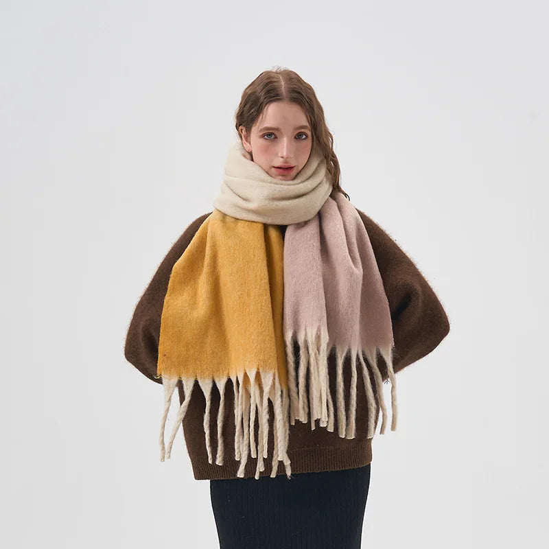 Women Ins Korean Gradient Colour Blocking Scarf Striped Tassel Shawl Winter Faux Cashmere Outwear Soft Windproof Scarfs