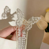 1 Pcs Full Diamond Hollow Butterfly Tassel Hair Accessories, Pearl Bead Chain Back Of The Head Grab Clip, Zinc Alloy Shark Clip