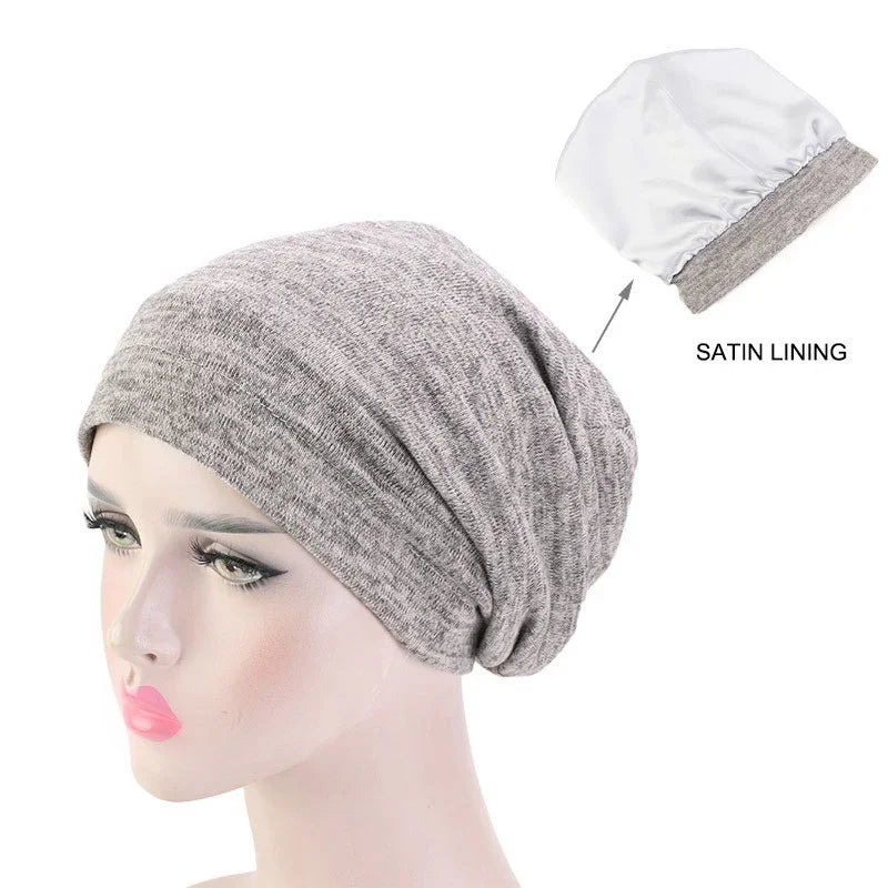 Women Men Sleeping Hat Baggy Beanie Satin Lined Night Unisex Sleep Cap Hair Care Bonnet Hair Loss Nightcap Pullover Hat Headwear