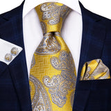 2022 New Design Yellow Gold Paisley Fashion Brand Tie for Men Wedding Party Necktie Handky Cufflinks Gift Wholesale Hi-Tie