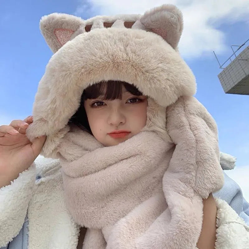 2023 New Fashion Scarf Hat Glove Women Cute Big Ear Bunny Beanie Winter Warm Soft Thickening Pocket Warm Ear Hats Hooded Skullie