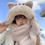 2023 New Fashion Scarf Hat Glove Women Cute Big Ear Bunny Beanie Winter Warm Soft Thickening Pocket Warm Ear Hats Hooded Skullie