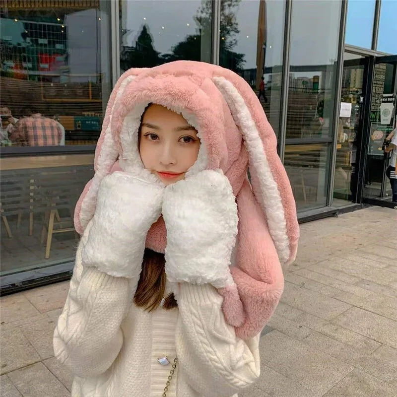 2023 New Fashion Scarf Hat Glove Women Cute Big Ear Bunny Beanie Winter Warm Soft Thickening Pocket Warm Ear Hats Hooded Skullie
