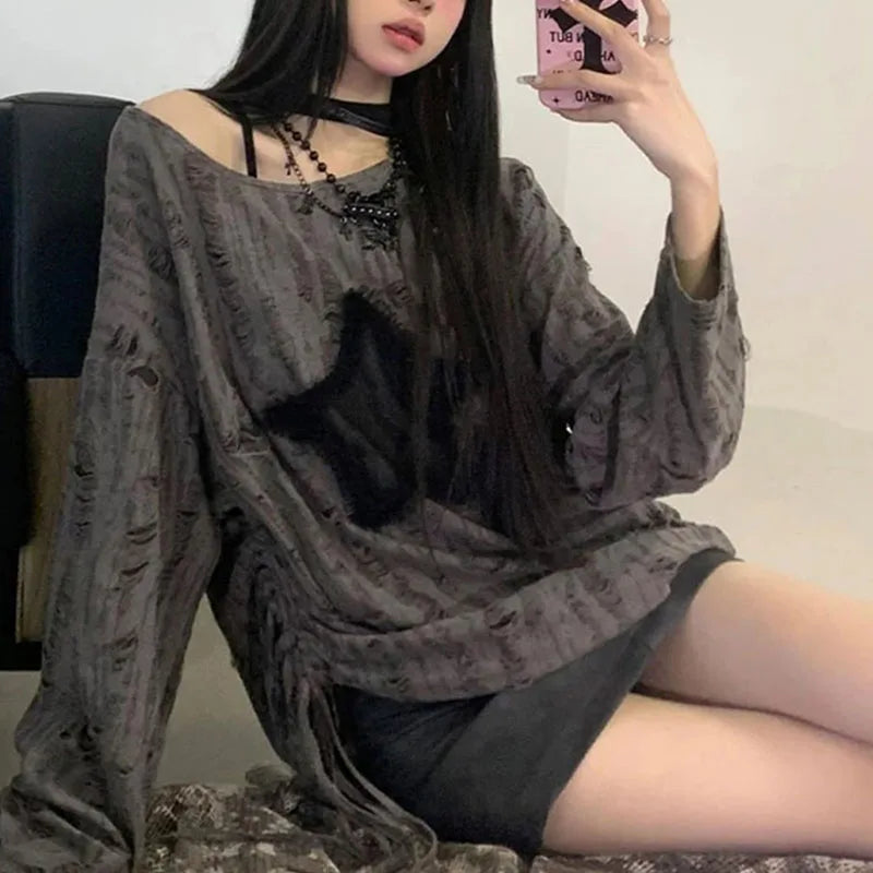 Y2K Hole Star Print T-Shirt Women Fashion Streetwear Off Shoulder Tops Summer Oversized Kpop Long Sleeve Loose Tees Ladies New