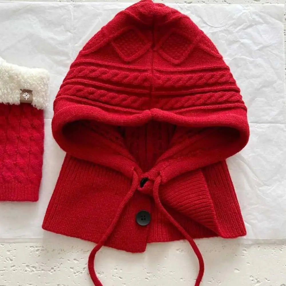 New Knitted Balaclava Hats For Women Hooded Caps Outdoor Winter Warmer Drawstring Hat One-Piece Neck Collar Cycling Beanies Caps
