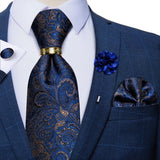 Luxury Blue Gold Paisley Silk Ties For Men Business Wedding Neck Tie Set With Tie Ring Brooch Pin Men's Cufflinks Pocket Square