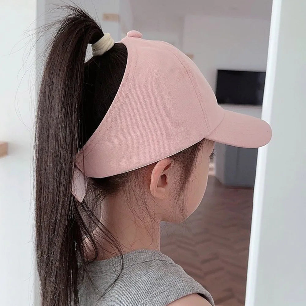 Love Heart Kids Baseball Caps Adjustable Large Brim Sun Hat Solid Color Hollow High Ponytail Caps for Boys Girls