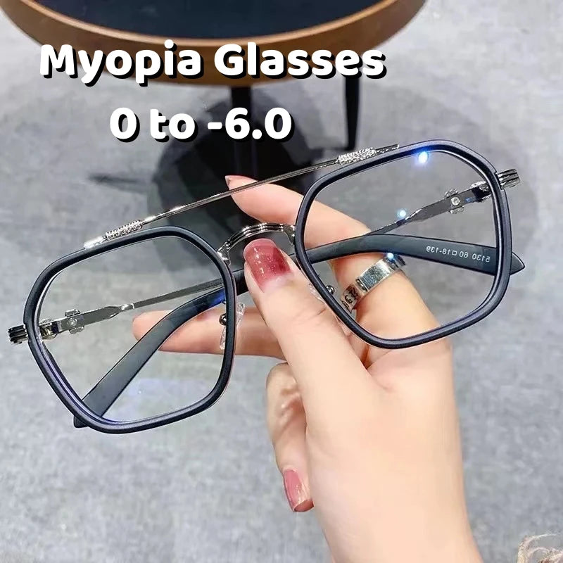 Blue Light Blocking Eye Protection Myopia Eyeglasses Fashion Double Beam Metal Glasses Women Trend Retro Plain Face Eyewear Men