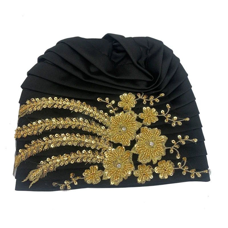 African Female Wrap Head Bonnet Muslim Turban Hat Lady Head Wraps Glitter Luminescence Beading Pleated Turban Cap for Women