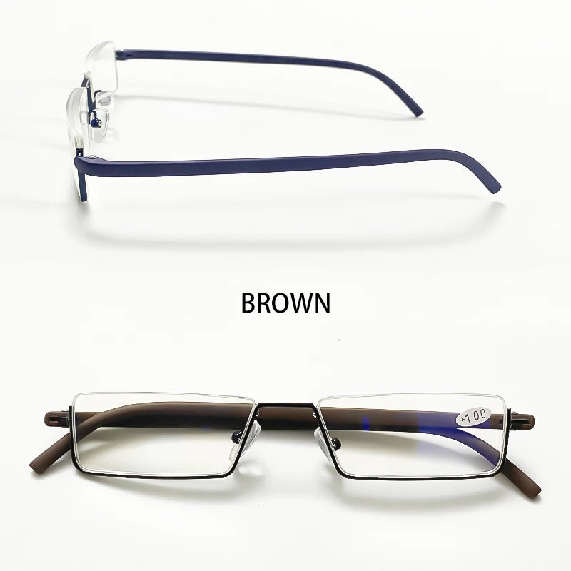 Men Women Metal Blue Light Blocking Reading Glasses with Case TR90 Half Frame HD Prescription Eyewear Presbyopia Diopter