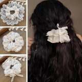 French Lace Pearl Rose Flower Elastics Hair Band For Women Cream White Scrunchies Hair Ties Ponytail Holder Hair Accessories