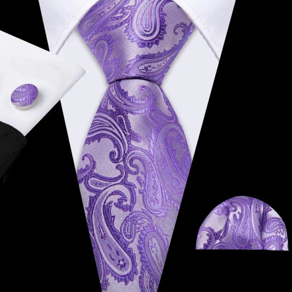 Barry.Wang Purple Lilac Lavender Silk Mens Tie Handkerchief Cufflink Set Jacquard Floral Necktie for Male Wedding Business Party