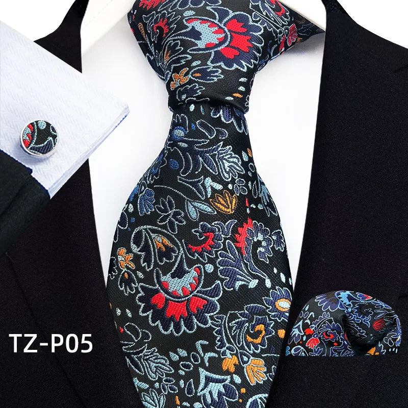 Orange Novelty Ties For Men Plaid Flower Design Silk Wedding Necktie For Men Hanky Cufflinks Gifts Business Party Suit Bow Tie